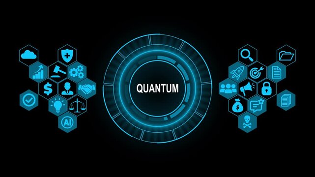 Futuristic Quantum Computing Technology Interface with Digital Network Icons, Advanced Data Processing and Innovation Concept Background
