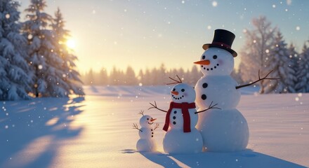 Obraz premium Snowman Family Enjoying a Winter Wonderland Sunset.