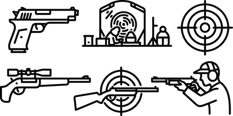 Shooting Sports Icons with Firearms, Target Practice, and Competitions for Marksman, Rifle Shooting, and Clay Pigeon Sports © Kamrun