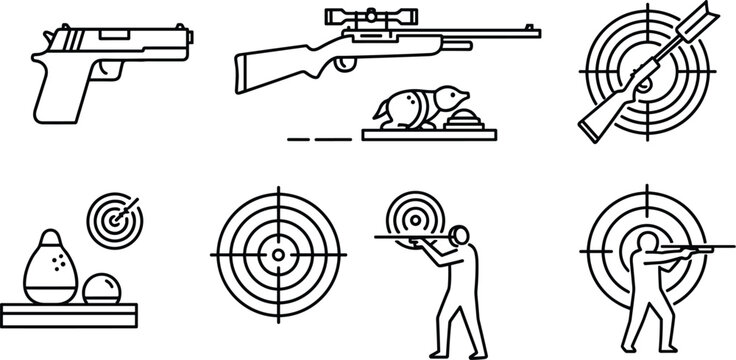 Shooting Sports Illustrations with Targets, Guns, and Marksman for Competitive Shooting, Clay Pigeon, and Firearm Sports
