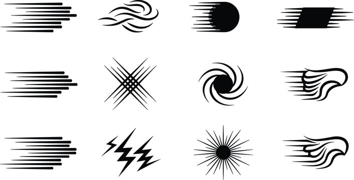 Black speed lines motion set, dynamic wind effect symbols, fast movement icons, vector comic action elements, velocity blur, rushing energy strokes.