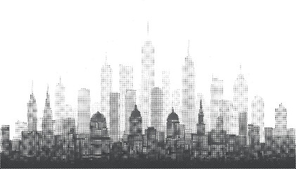 city skyline halftone risograph urban cityscape buildings skyscrapers metropolis architecture screentone vintage retro silhouette landscape © Josnara