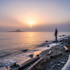 Fototapeta premium Solitude at Sunrise - A Contemplative Moment by the Lake.