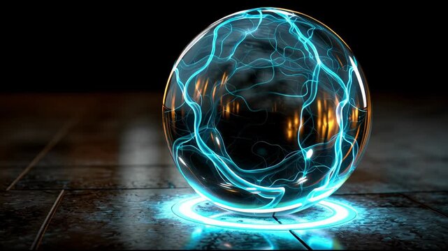 Moving Energy Ball With Blue Light on the Floor in a Dark Room Showing Different Angles and Details in Four Frames