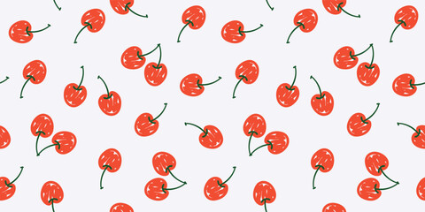 Seamless modern horizontal summer minimalistic bright fruit pattern with cherries on a white background  brush drawing, simple cute vector illustration, hand-drawn in flat style © Мария Кривецкая