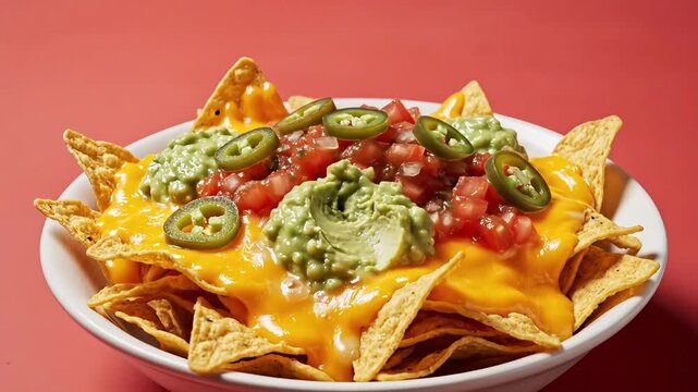 Delicious Mexican nachos with melted cheese sauce, guacamole, salsa and jalapenos on a red background