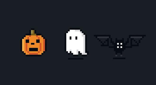 Pixel Art Halloween Icons: Pumpkin, Ghost, Bat on Dark Background