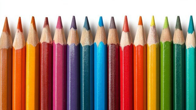 Colored pencils arranged in neat row isolated on clean white background, vibrant multicolor school supplies concept, creative art and education tools with copy space for back to school design and lear