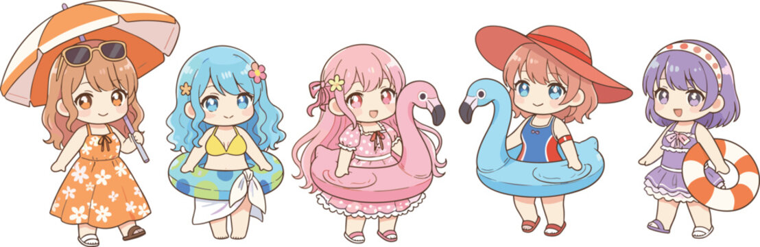 Cute chibi summer girls collection, kawaii anime beach characters with float rings and hats, adorable pastel cartoon illustration set
