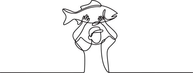 Fototapeta premium fisherman showing big fish. one line art icon drawing vector