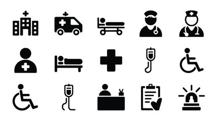 Healthcare and hospital symbols including medical staff patients and equipment icons pack