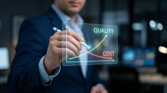 A transparent graph with rising "Quality" and descending "Cost" curves. It symbolizes a strategic approach to optimizing operations and maximizing competitive advantage using advanced visualization.