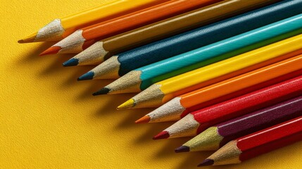 Obraz premium Colorful sharpened pencils arranged in vibrant pattern on bright yellow background, creative education supplies layout, artistic stationery composition for design mockup, back to school concept and co