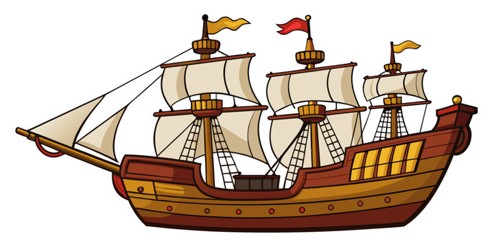 Spanish treasure galleon isolated on white background, 16th&ndash;18th century treasure ship, gold and silver transport, colonial trade vessel, Manila galleon, Spanish fleet ship, historical maritime