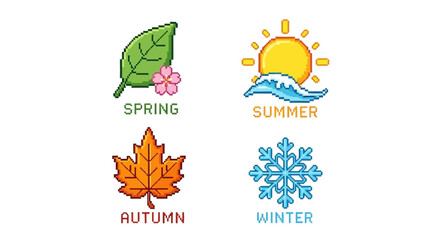 Obraz premium Pixel Art Seasons Icons: Spring, Summer, Autumn, Winter - White Background