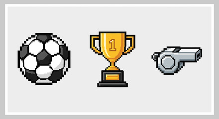 Pixel Art Soccer Icons: Ball, Trophy, Whistle © Tisa