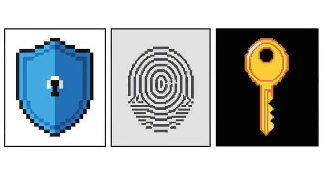 Pixel Art Security Icons: Shield, Fingerprint, Key - Digital Identity and Access