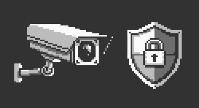 Pixel Art Security Camera and Shield with Lock Icon