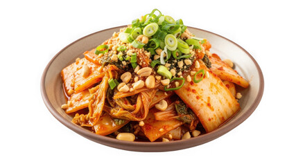 Fototapeta premium Delicious asian fried rice with chicken and veggies on plate isolated on transparent background