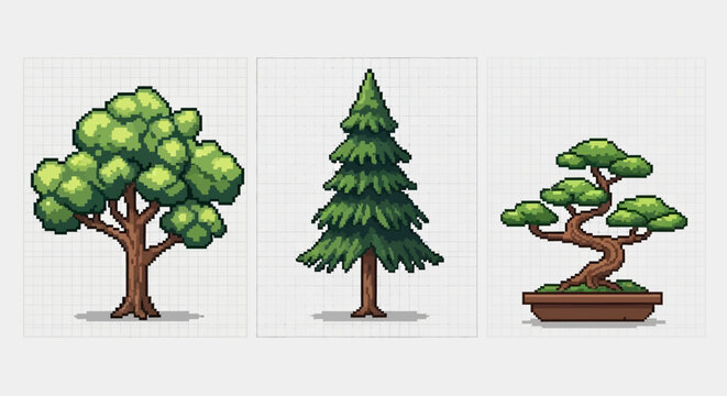 Pixel Art Trees: Oak, Fir, and Bonsai Collection