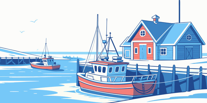 A red fishing boat docked next to a small house by the water Vector