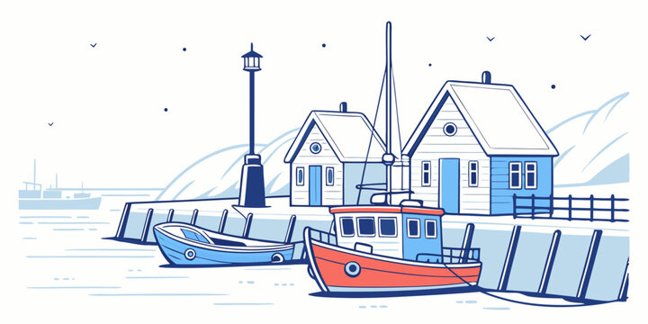 A red and blue boat docked at a snowy harbor Vector