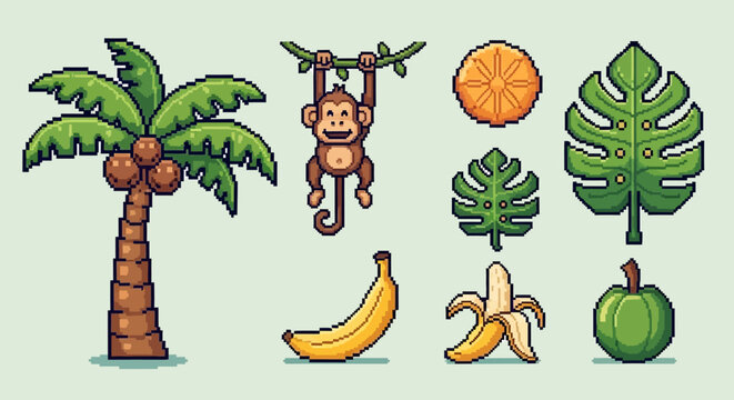 Pixel Art Tropical Elements Set: Palm Tree, Monkey, Banana, and Jungle Leaves