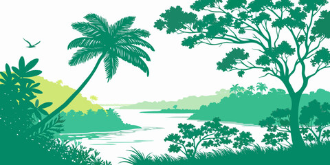 Tropical landscape with palm trees and body of water Vector ©  MST RABEYA  BEGUM