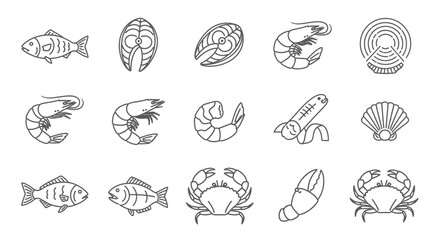 Obraz premium Seafood Icons: Fish, Shrimp, Crab, Shellfish, Salmon Steak - Line Art Collection