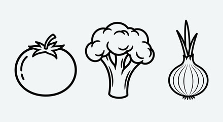 Fototapeta premium Simple Line Art Icons of Tomato, Broccoli, and Onion on White Background
