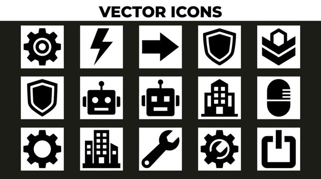 Set of Vector Icons: Technology, Security, and Industry Symbols