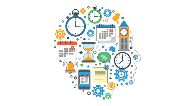 Time management concept illustrated within a human head silhouette