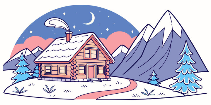 A house in the mountains with snow on the roof Vector
