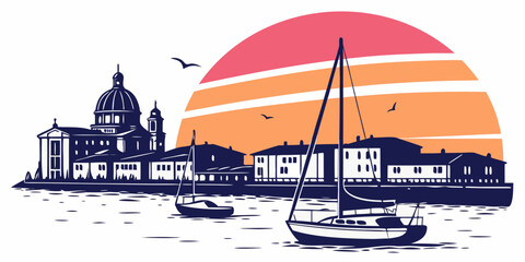 Sailboat in front of a city skyline at sunset Vector ©  MST RABEYA  BEGUM