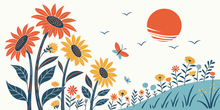 A colorful floral landscape with sunflowers and a butterfly Vector