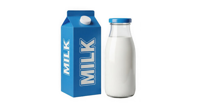 Fresh milk carton and bottle with white label on clean background isolated on transparent background