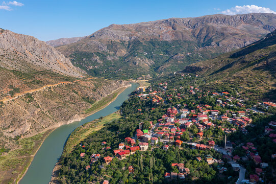 Valley view of Kemaliye town. View of the old Kemaliye houses and the Euphrates River. Erzincan