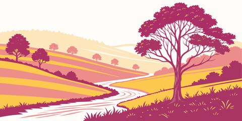 A tree stands alone by a winding stream in a rural landscape Vector ©  MST RABEYA  BEGUM