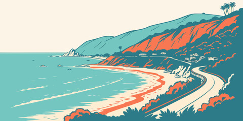 Naklejka premium A winding road along a scenic coastline Vector