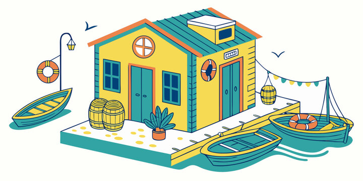 A colorful beach house with a boat docked beside it Vector