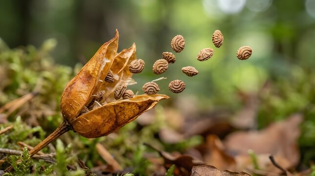 Microscopic view of dried seed pod exploding from tension and scattering intricately textured seeds