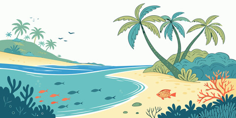 Obraz premium A tropical beach with palm trees and colorful fish Vector