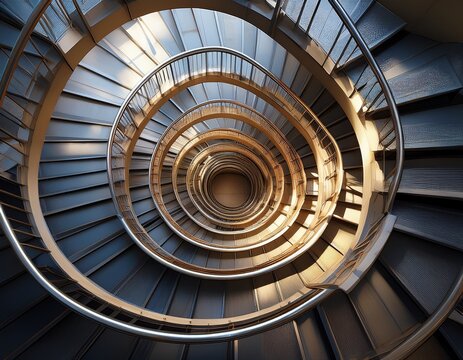 top view of industrial metal spiral staircase in atrium strong radial lines and soft daylight patches shape austere composition