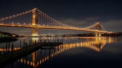 Fototapeta premium Elegant suspension bridge glowing warmly above calm harbor at night with glassy long exposure reflections