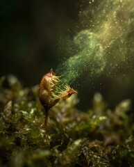 Obraz premium Microscopic explosion of rare moss spore capsule releasing swirling galaxy of emerald particulates into sunlight