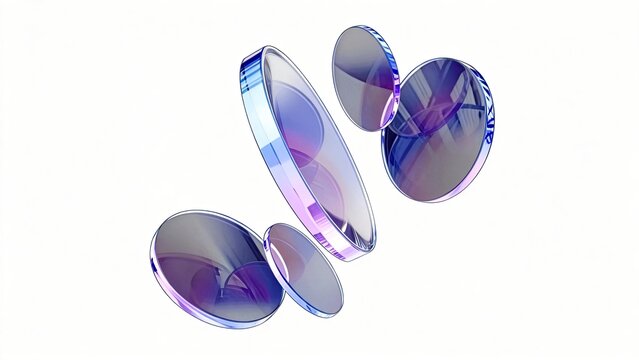 Abstract 3d render of floating glass discs with blue and purple gradientiridescent reflectionstransparent crystal elementsmodern geometric shapesisolated on white,design,concept