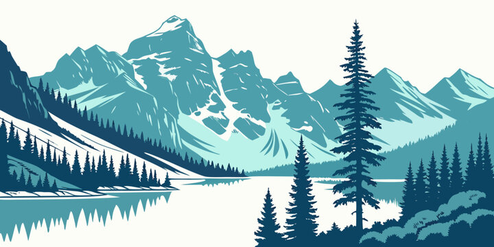A serene lake surrounded by mountains and trees Vector