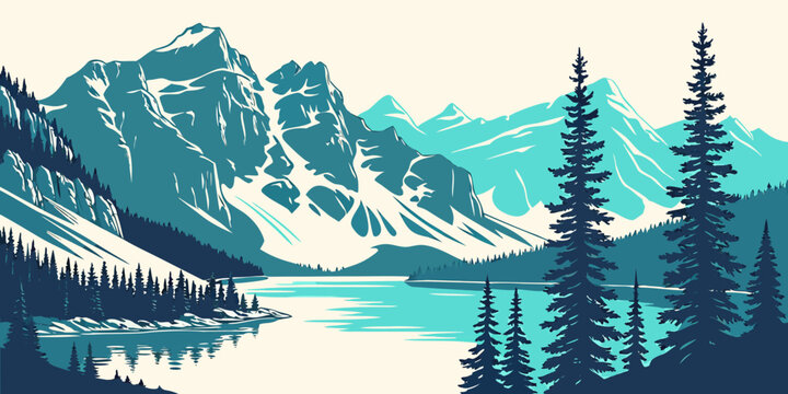 A serene mountain lake with pine trees and snow capped mountains Vector