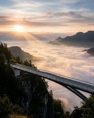 Obraz premium Minimal modern bridge floating above fog covered valley illuminated by early sunlight rays beautifully