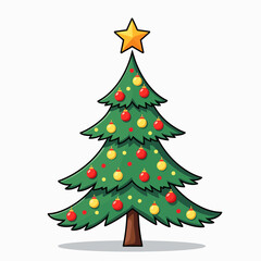 Fototapeta premium Festive flat vector illustration of a beautifully decorated green Christmas tree with colorful ornaments and a yellow star on top.